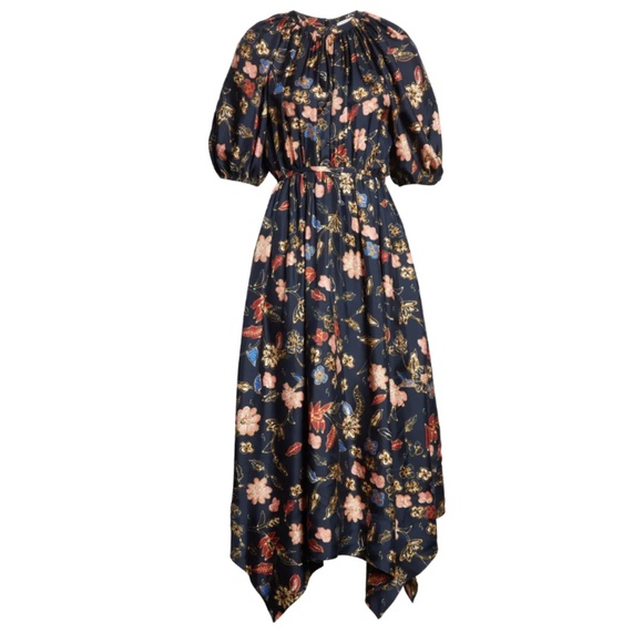 ULLA JOHNSON | Cybil Floral Print Puff Sleeve Silk Midi Dress - Picture 1 of 11